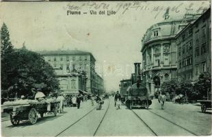 1907 Fiume, Rijeka; Via del Lido / utca, városi vasút, vonat, gőzmozdony / street view, urban railway, locomotive, train (szakadás / tear)