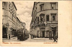 Fiume, Rijeka; Via Andrássy / Andrássy utca, villamos, C. Maly-Vidali üzlete / street view, tram, shop (EB)
