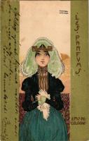 1902 Eau de Cologne. Les Parfums / Parfumes series; Art Nouveau postcard with lady. s: Raphael Kirchner (fl)