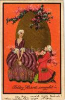 1932 Boldog húsvéti ünnepeket! / Easter greeting art postcard, Baroque love couple s: T. Corbella (EK)
