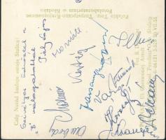 1956 Poznan, a magyar B válogatott labdarúgóinak aláírásai hazaküldött képeslapon: Ombódi Imre, Déká...