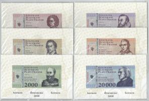 Sopron 2010. 500 Kékfrank + 1000 Kékfrank + 2000 Kékfrank + 5000 Kékfrank + 10.000 Kékfrank + 20.000 Kékfrank, mind azonos "000333" sorszámmal, de eltérő sorozatjellel, teljes sor, minden bankjegy az eredeti, kibocsátáskori díszcsomagolásában T:UNC / Hungary 2010. 500 Kékfrank + 1000 Kékfrank + 2000 Kékfrank + 5000 Kékfrank + 10.000 Kékfrank + 20.000 Kékfrank all with the same "000333" serial numbers but different prefixes, full set, all banknote with official display packaging C:UNC