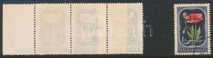 1951 Virág II. 1Ft négyescsík, benne 2 bélyeg ragasztott papíron + támpéldány (80.000) / Mi 1211 stripe of 4 with 2 stamps on glued paper