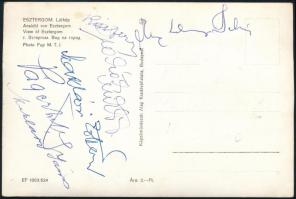 cca 1962 Magyar színészek aláírásai esztergomi képeslapon: Páger Antal, Kiss Ferenc, Szakáts Miklós, Makláry Zoltán, Makláry János