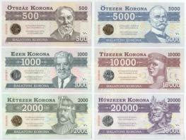 2012. 500 Balatoni Korona - 20.000 Balatoni Korona (6xklf) mind "MINTA" perforációval, "000000" sorszámmal. Teljes sor! T:UNC / Hungary 2012. 500 Balatoni Korona - 20.000 Balatoni Korona (6xdiff) local money, all with "MINTA (specimen)" perforation, with "000000" serial number. Complete series! C:UNC