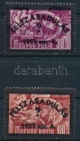 1955 Ötéves terv 30f + 60f bélyeg "FELSZABADULÁS ? 1955 ápr. 4." magánfelülnyomással (gumihibák) / Mi 1177 + 1179 with private overprint (gum disturbances)