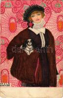 1913 Art Nouveau lady with dog. B.K.W.I. 621-3. s: Mela Koehler (EB)