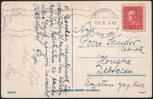 1931 Stockholm, a debreceni Bocskai FC labdarúgócsapatának játékosai által aláírt képeslap: Keviczky Rezső, Moharos Lajos (az FTC-ből kölcsönben), Móré János és mások (összesen 6 db aláírás)