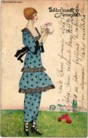 Boldog Húsvéti Ünnepeket! / Easter greeting art postcard. B.K.W.I. 4691-6. s: Mela Koehler (ázott sarok / wet corner)