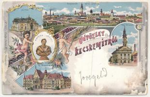 Kecskemét, látkép, színház, új városháza, nagytemplom, Katona József szobra. Steiner Mihály kiadása. Art Nouveau, floral, litho (fa)