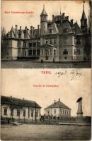 1908 Tura, Báró Schossberger kastély, Piac tér, Községháza + "KASSA - BUDAPEST 10. SZ." vasúti mozgóposta bélyegző (ragasztónyom / glue mark)