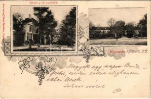 1910 Kapuvár, Esterházy kastély, részlet a vár parkjából. Buxbaum József kiadása. Art Nouveau, floral + "EBENFURT - GYŐR 57. SZ." vasúti mozgóposta bélyegző (EK)
