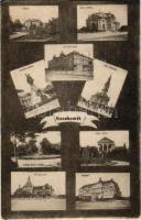 Kesckemét, vasútállomás, városi színház, kir. törvényház, Kossuth szobor, Katona József szobor, nyári kaszinó, Református kollégium, Népbank, nagytemplom. Fekete Soma kiadása (EK)