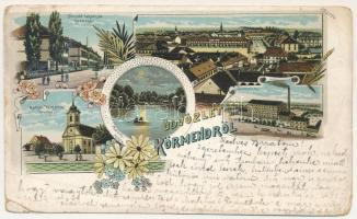 Körmend, Honvéd laktanya, katolikus templom, vízimalom, gőzmalom. Art Nouveau, floral, litho (b)