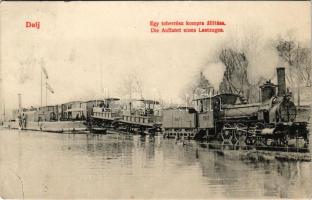 1909 Dálya, Dalja, Dalj (Erdőd, Erdut); Egy teherrész kompra állítása, gőzmozdony, vonat. Jos. Krausz kiadása / Die Auffahrt eines Lastzuges / ferry, locomotive, freight train (EK)