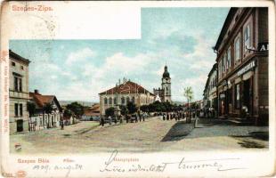 1909 Szepesbéla, Szepes-Béla, Spisská Belá (Szepes, Zips); Fő tér, Gyógyszertár, üzletek. Feitzinger Ede 560. Auto-Chrom 1902/12. / Hauptplatz / main square, pharmacy, shops (kopott sarkak / worn corners)