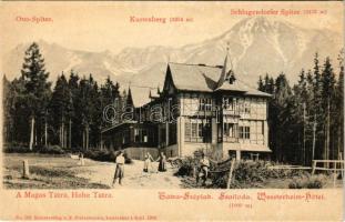 Tátraszéplak, Tatranska Polianka, Westerheim (Magas Tátra, Vysoké Tatry); Széplak szálloda, hegycsúcsok. F. Pietschmann No. 582. / Weszterheim-Hotel, Otto-Spitze, Kastenberg, Schlagendorfer Spitze / hotel, villa, mountain peaks (fl)