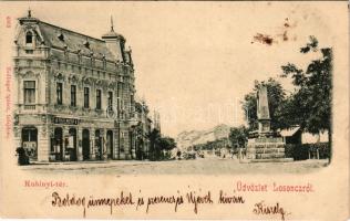 1899 Losonc, Lucenec; Kubinyi tér, Fogel Mátyás, Redlinger Ignác üzlete és saját kiadása / square, shops, monument (fl)