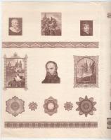 Horváth Endre (1896-1954) festőművész és grafikus különböző munkáinak rézmetszet tervei hajtott lapon, közte 1973. Táncsics Próba Forma, Vajdahunyad vár, Mátyás-templom (350x499mm) T:XF / Several copperplate designs on one sheet of Hungarian painter and graphic artist Endre Horváth (1896-1954), including reverse design of the 1940. 2 Pengő banknote, Vajdahunyad castle and Saint Emeric stamp design (350x499mm) C:XF