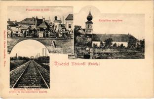 Tövis, Teius; Piac, Fő út, Katolikus templom, Maroshíd, MÁV vasúti vonal Tövis és Karácsonfalva (Homoródkarácsonyfalva) között, dohány és bélyeg üzlet. Szabolcs Endre kiadása / market, main street, church, Mures river bridge, railway line between Teius and Craciunel, tobacco and stamp shop (Rb)