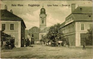 1922 Nagybánya, Baia Mare; Celea Traian / Traján út, templom, üzletek / street view, church, shops (EK)
