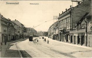 1907 Nagyszeben, Hermannstadt, Sibiu; Heltauergasse / Disznódi utca, villamos, üzletek / street view, tram, shops (EK)