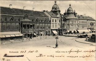 1903 Kolozsvár, Cluj; Mátyás király tér, Böckel, Reményik L. és Fiai, Jeney Lajos üzlete / square, shops (szakadás / tear)