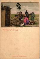 1900 Hortobágy, Parasztok étkezése, magyar folklór. Pongrácz Géza kiadása, litho (EK)