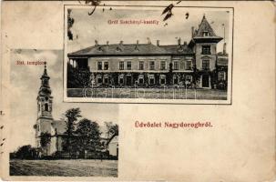 1918 Nagydorog, Nagydorogh; Gróf Széchenyi kastély, Református templom. Lévai Nándor kiadása (EK)