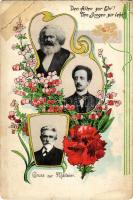 Den Alten zur Ehr'! Den Jungen zur Lehr'! Gruss zu Maifeier / Greetings from May Day. Karl Marx, Ferdinand Lassalle, August Babel. Socialist propaganda art postcard. Richard Lipinski Art Nouveau, floral, litho frame (r)