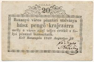 Rozsnyó 1849. 20kr "Rozsnyó város pénztári utalványa" jobb oldali keret középen megtörik T:F folt Hungary / Rozsnyó 1849. 20 Kreuzer "Rozsnyó bánya város pénztári utalványa (Cashier's Coupon of Mine Town of Roznava)" the right frame is broken in the middle C:F spotted Adamo ROZ-2.1.4