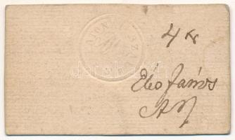 1800-1900 k. "Katonai szállás" szárazbélyegzővel ellátott, merített vastag karton lapka rajta fekete tintás kézírással "4kr Éles János (...)" (42x73mm) T:AU / Hungary ~1800-1900. "Katonai szállás (Military Accomodation)" embossed stamp on thick cardboard chip, with handwritten black ink "4kr Éles János (...)" (42x73mm) C:AU