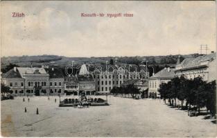1913 Zilah, Zalau; Kossuth tér nyugati része, gyógyszertár, üzletek. Seres Samu kiadása / square, pharmacy, shops (fl)