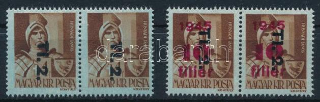 1946 Betűs TI. 2. / 10f/4f pár piros felülnyomat nélkül, de a hátoldalon a piros felülnyomat részleges halvány gépszínátnyomatával (80.000) Ismert, rendkívül ritka tévnyomat!! / Mi 866 pair, missing red overprint, but with partial light red machine offset! Very rare error!!