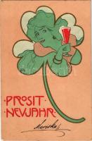 1903 Prosit Neujahr! / Újévi szecessziós művészlap, hölgy pezsgővel és lóherével / Art Nouveau New Year greeting art postcard with lady, champagne and clover. litho s: Carl Józsa (EK)