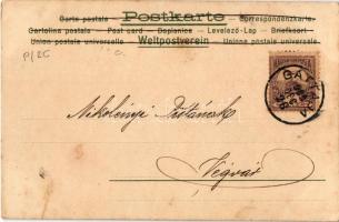 1903 Prosit Neujahr! / Újévi szecessziós művészlap, hölgy pezsgővel és lóherével / Art Nouveau New Y...