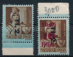 1946 Betűs TI. 2. / 10f/4f ívszéli bélyeg piros felülnyomat nélkül, de a hátoldalon a piros felülnyomat részleges halvány gépszínátnyomatával (**40.000) Ismert, rendkívül ritka tévnyomat!! / Mi 866 margin stamp, missing red overprint, but with partial light red machine offset! Very rare error!!