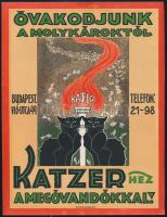 Óvakodjunk a molyoktól - Katzerhez a megóvandókkal, kisplakát, litográfia, papír, Seidner, Bp., lapszéli egészen apró szakadással, Bp., 24×17 cm