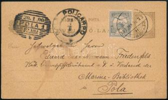 1900 2kr díjjegyes levelezőlap Turul 1f díjkiegészítéssel Fiuméből Polába küldve / 2kr PS-card with 1f from Fiume to Pola