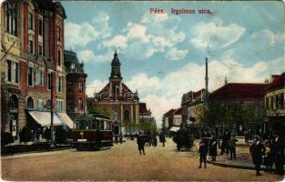 1915 Pécs, Irgalmasok utcája, villamos, V. Károly üzlete (Rb)