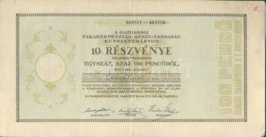 1926. "Kunszentmártoni Gazdasági Takarékpénztár" részvénye 100P-ről