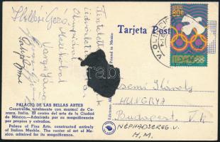 1968 Polyák Imre (1932-2010) és Varga János (1939-2022) olimpiai bajnok birkózók, illetve Gurics György (1929-2013) és Hollósi Géza (1938-2002) birkózók autográf aláírása a mexikói olimpiáról hazaküldött képeslapon