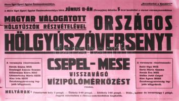 1944 Országos Hölgyúszóverseny és Csepel-MESE vízipólómérkőzés, Move Egri Sport Egylet Úszószakosztálya rendezésében, "Becsülettel a Hazáért!", sportplakát, papír, Egyházmegyei Szent János-Nyomda, Eger, hajtásnyomokkal, kisebb szakadásokkal, 63×95 cm