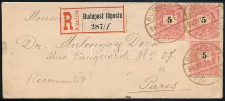 1894 Ajánlott levél Párizsba 4 x 5kr bélyeggel "BUDAPEST / FŐPOSTA" / Registered cover with 4 x 5kr franking to Paris
