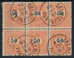1889 50kr hatostömb, ritka összefüggés, lemezösszefüggés, a boríték keresztvonalai az értékszám felett (MBK 440 p) / block of 6 with plate variety