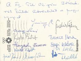 1984 Szarajevó, a XIV. téli olimpiai játékokról hazaküldött képeslap a magyar csapat tagjainak aláír...