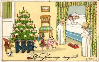 1932 Boldog karácsonyi ünnepeket / Christmas greeting art postcard with Christmas tree and toys. M. M. Nr. 1412. s: P. Ebner (fa)