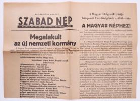 1956 A Szabad Nép, a Magyar Dolgozók Központi Pártjának Lapja rendkívüli kiadás, címlapon: megalakult az új nemzeti kormány, szakadással