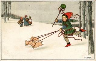 1920 Children art postcard with pigs, winter. M. M. Nr. 1197. s: P. Ebner (EK)