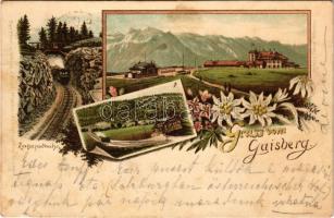 1893 Salzburg, Gruss vom Gaisberg, Zahnradbahn. Fried. Pflauder / cog-wheel railway. Art Nouveau, floral, litho - early postcard! (fl)